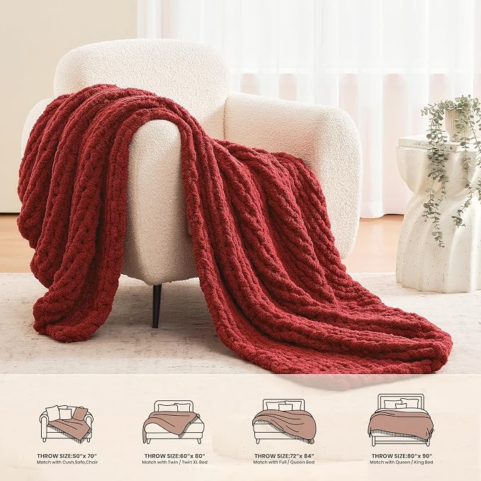 L'AGRATY Chunky Knit Throw Blanket for Couch, 50 x 60 Inches, Maroon Red | Handmade Chenille Crochet Blanket for Sofa Bed, Thick Cable Knitted Blankets for Room Home Decor, Birthday Gift for Women Mom