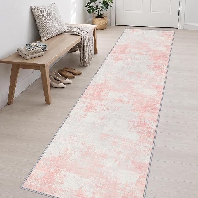 2.6x14 Washable Runner Rug:Modern Abstract Soft Carpet Pink White | For Hallway, Bedroom, Kitchen, Laundry, Bathroom,Door Mat,Modern Abstract,Machine washable,Non-Slip,Stain Resistant,Indoor