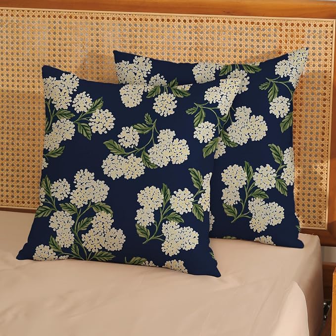 Navy Blue Spring Pillow Covers 16x16 Inch 2 Pcs Green Yellow Hydrangea Flower Decor Throw Pillows Vintage Floral Seasonal Summer Outdoor Decoration Pillowcase Linen Cushion Cover for Couch Sofa