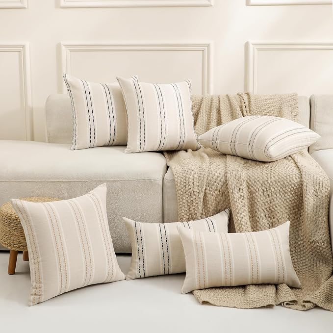 Hckot Khaki Throw Pillow Covers 22x22 Set of 2 Striped Pillow Covers | Farmhouse Decorative Pillows Textured Linen Square Cushion Covers for Couch Sofa Bed Living Room Home Decor