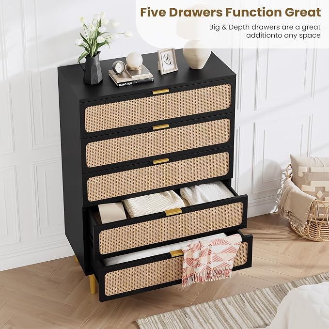 GarveeHome Rattan 5 Drawer Dressers for Bedroom, Deep Drawer, Black | Tall Dresser, Wide Top, for Living Room, Hallway, Kids Room, Large Chest of Drawers for Closet, Long Wooden Dresser