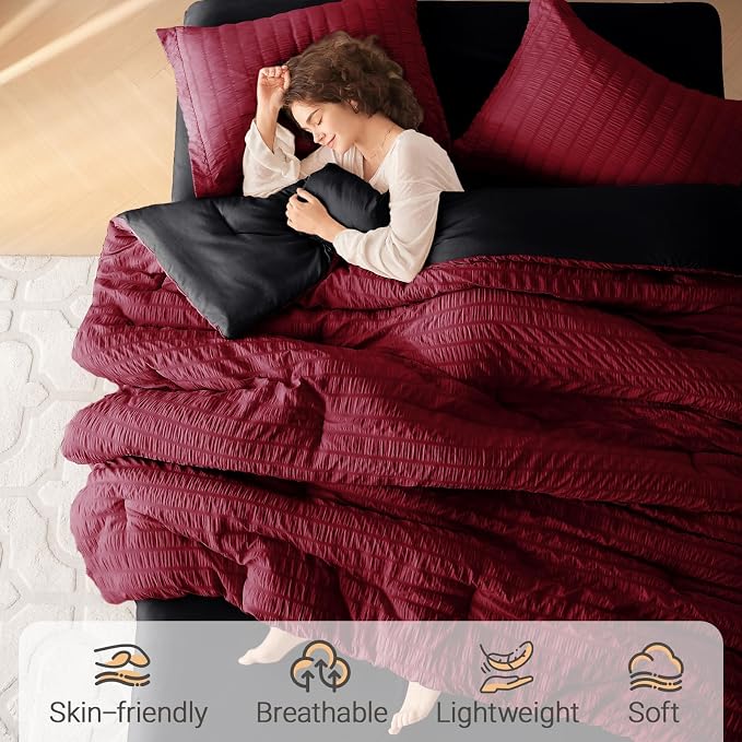 5 Pieces Twin Comforter Set, Seersucker Bed in a Bag Twin Size, All Season Luxury Bedding Set with Comforter, Flat Sheet, Fitted Sheet, Pillowcase & Sham, Red & Black
