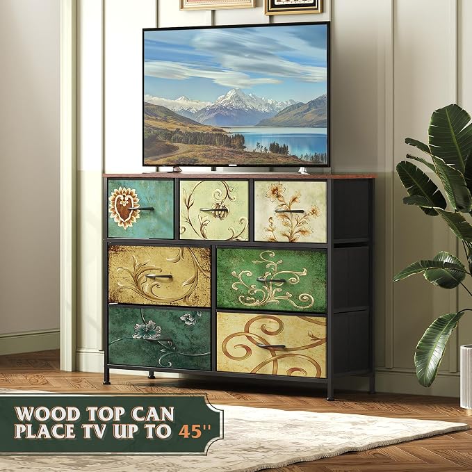 WLIVE Dresser for Bedroom, 7 Drawers, TV Stand, Floral | 7 roomy fabric drawers, Fits TVs up to 45 inch, Bedroom or living room, Wide storage design, Chest of drawers
