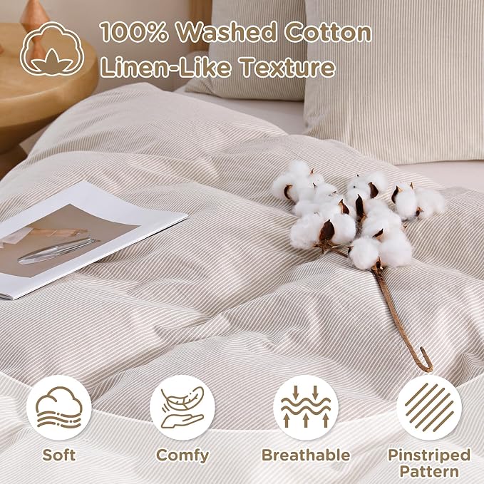 TOCOMOA Brown Striped Duvet Cover Set 100% Washed Cotton Like Linen, King | Linen-Like Feel Soft, Breathable & Comfy for All Season. Pinstriped Bedding Set with Zipper & 8 Ties. 3 Pcs, No Insert