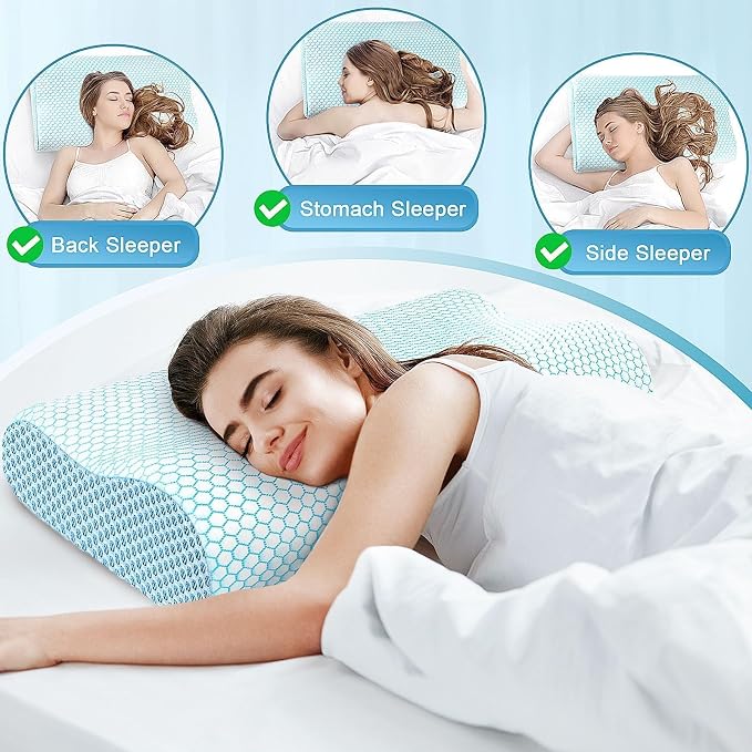 Neck Pillow for Sleeping, Ergonomic Cervical Bed Pillow, Blue Queen Size | Memory Foam Bed Pillow for Side Back Stomach Sleepers, Contour Fit Neck Pillow for Sleeping and Neck Pain Relief