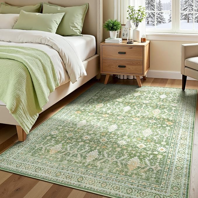 6x9 Area Rugs for Living Room, Washable Large Carpet, Light Green | Soft Rug for Bedroom, Dining Room, Home Office, Indoor, Nursery, Stain Resistant, Non-Slip, Low Pile,Vintage Distressed Rug