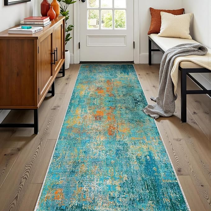 RELEANY Washable Runner 2'x8' Abstract Area Rug for Hallway Teal Multi | Carpet for Kitchen, Entryway, Bathroom, Living Room, Bedroom, Printed Pattern, Non‑Slip, Soft, Stain‑Resistant, Easy to Clean