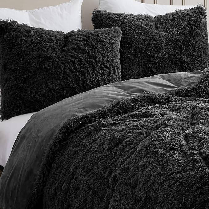 Queen Luxury Faux Fur Comforter Set - Soft & Breathable 7-Piece Bedding Collection - 1 Comforter, 1 Fitted Sheet, 1 Flat, 2 Pillowcases, 2 Pillow Shams - Deep Pocket - Premium Quality, Black