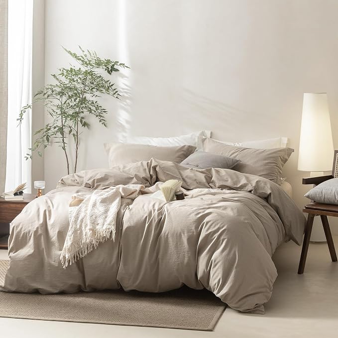 BDEAR 3Pcs Linen Grey Duvet Cover California King Size 104" W x 98" L | 100% Washed Cotton, 1 Duvet Cover with 2 Pillowcases, Zipper Closure, OEKO TEX Standard,8 Corner Ties,Linen-Liked Texture