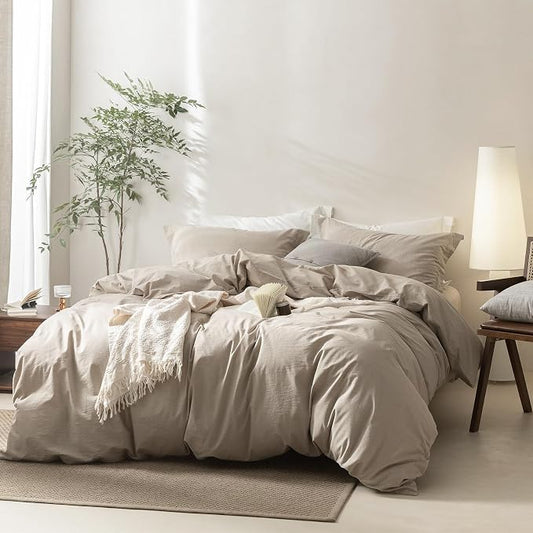 BDEAR 3Pcs Linen Grey Duvet Cover King Size 104" W x 90" L, Oeko TEX 100 | 100% Washed Cotton, 1 Duvet Cover with 2 Pillowcases, Zipper Closure, 8 Corner Ties,Linen-Liked Texture, Skin Friendly