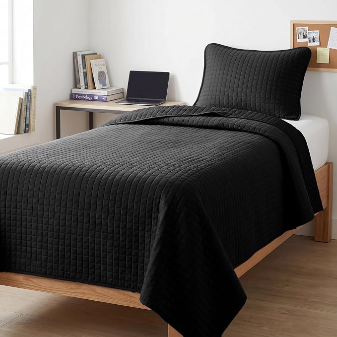 Southshore Fine Living, Inc. Twin XL Quilt Bedding Set, Dorm Room Bedding Essentials, Stain Resistant, Machine Washable Bedspread, XL Twin Black Quilt Bedspread Set with Pillow Sham, Black Quilts