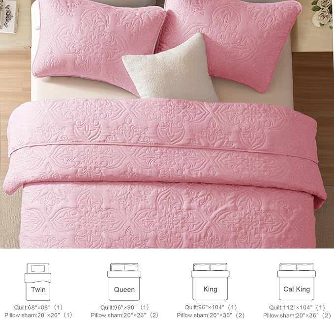 Whale Flotilla Queen Quilt Bedding Set Vintage Damask Reversible Bedspread | Suitable for Bed, 3 Pieces Pink Lightweight Breathable Quilts Queen Size, Ultrasonic Coverlet Bed Cover with 2 Pillow Shams
