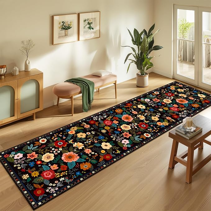 Floral Washable 2x10 Area Rugs Runner Entryway Hallway Black | Flower Carpet, Print, Boho, Non-Slip, Easy to Clean, Low Pile, Soft, for Living Room Bedroom Kitchen Office Entrance