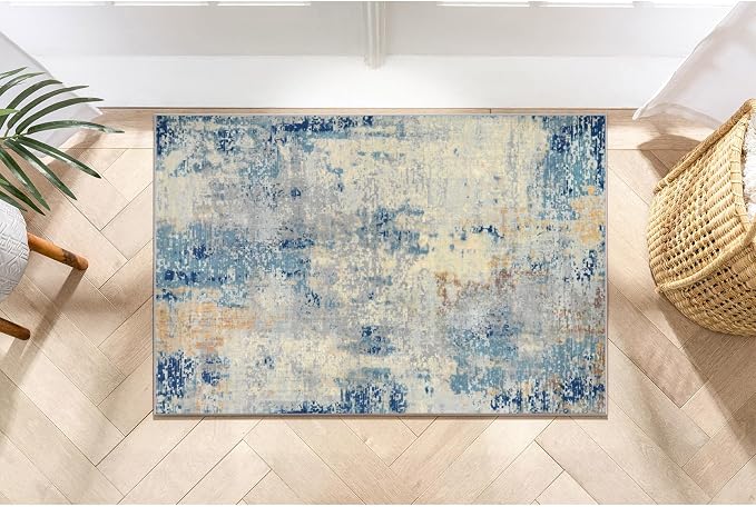 Lahome Modern Abstract Kitchen Rug - 2x3 Washable Small Front Doormat Soft Throw Rugs for Entryway Non-Slip, Contemporary Faux Wool Floor Indoor Carpet for Bathroom, Blue/Yellow/Ivory