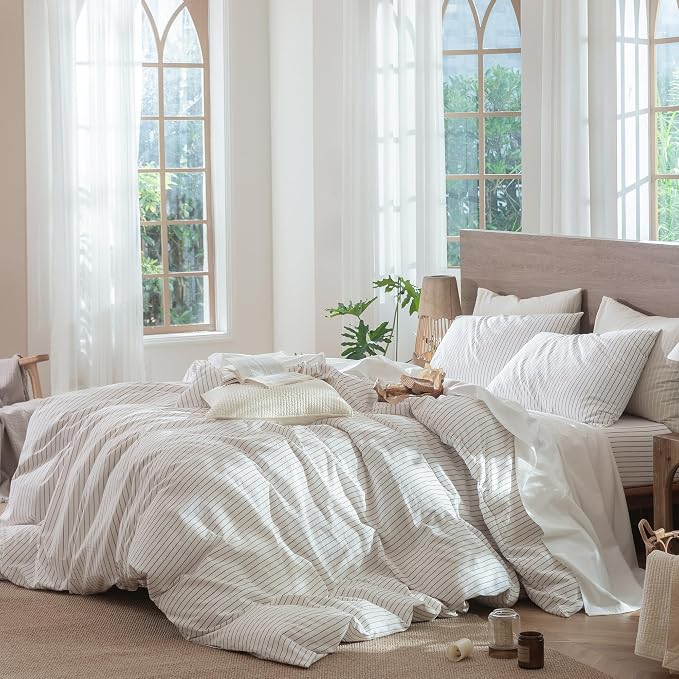 MooMee Striped Duvet Cover Set 100% Washed Cotton Linen Like King | Relaxed Linen-like Texture. Soft, Breathable & Long-lasting Comfort. Lightweight. Hidden Zipper with 8 Interior Corner Ties