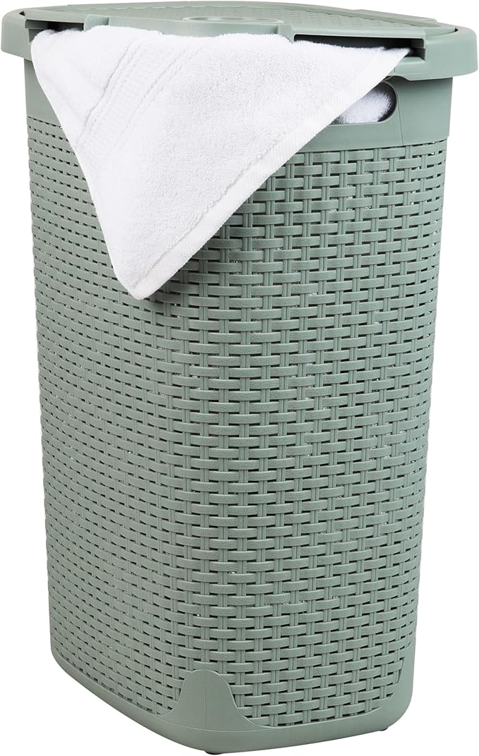 Mind Reader Slim Laundry Hamper with Lid, 60L Tall Clothes Basket, Narrow Tapered Design for Bathrooms, Closets and Laundry Rooms, Plastic, Mint