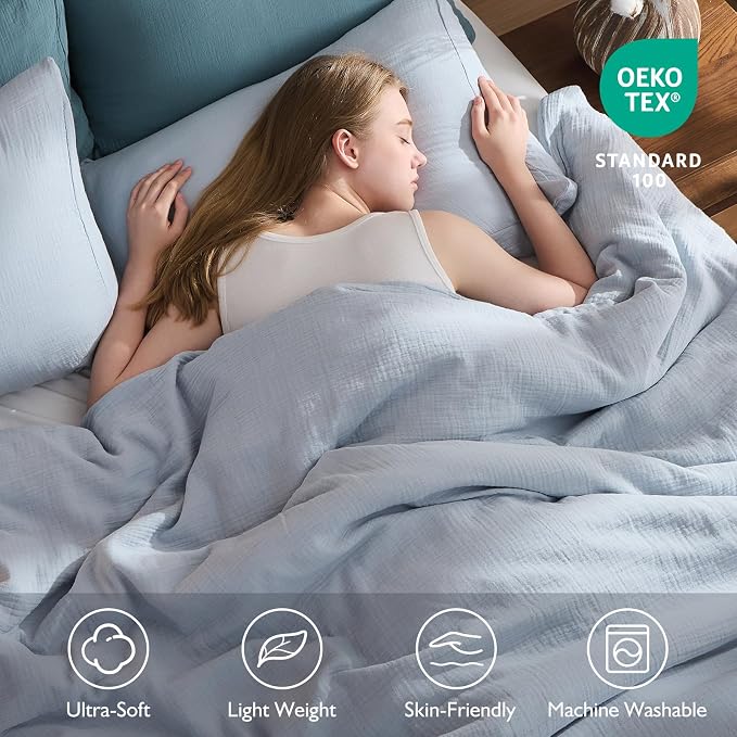 EMME Muslin Cotton Duvet Cover Set Blue Twin Size Linen Like Soft Breathable Lightweight Summer Comforter Cover Set with Zipper Closure (Blue, Twin, 68"x90")