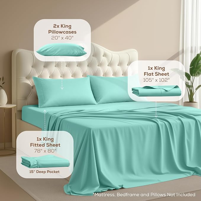 King Sheets Set, 4 Pieces 16" Deep Pocket Hotel Luxury Bed Sheets, Spa Blue | Extra Soft Bedsheet Set, Comfy & Breathable Cooling Sheets, Wrinkle & Fade Resistant, Fitted Sheet, Flat Sheet, 2 Pillowcases