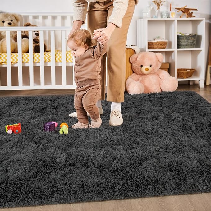 Soft Modern Indoor Large Shaggy Rug for Livingroom Bedroom Dorm Kids Room Home Decor, Non-Slip Plush Fluffy Furry Fur Area Rugs Comfy Nursery Accent Floor Carpet 9x12 Feet, Dark Grey