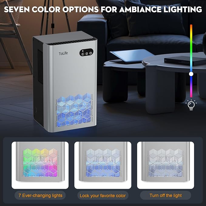 ToLife Dehumidifier, 1000 Sq Ft 95 oz Tank with Sleep Mode, Auto Shutoff | Portable for Home, Bedroom, Bathroom and Basement with 7-Color LED Light, Silver
