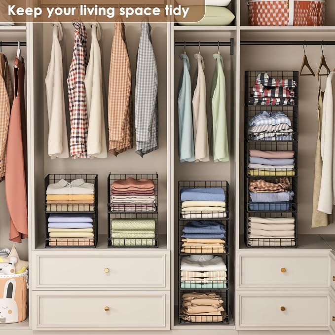 5-Tier Stackable Closet Organizers and Storage Baskets, Closet Shelf Organizer for Small Space, Space-Saving closet organizer system, Foldable Clothes Storage Bins for Closet Organizer System, Black
