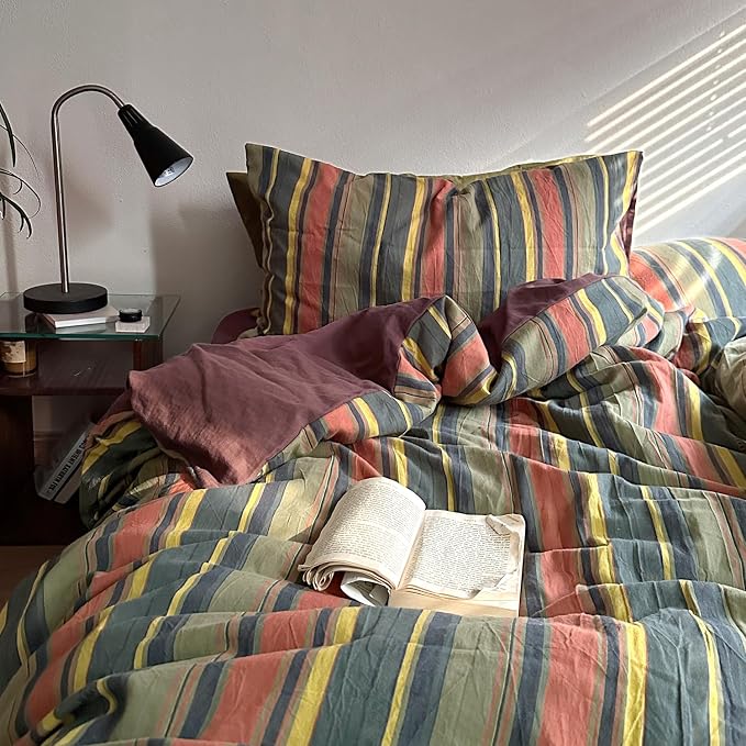 mixinni Vintage Striped Duvet Cover Set Full Size - 3 Piece 100% Washed Cotton Bedding Set, Soft & Breathable, Colorful Striped Pattern Printed Comforter Cover for All Seasons