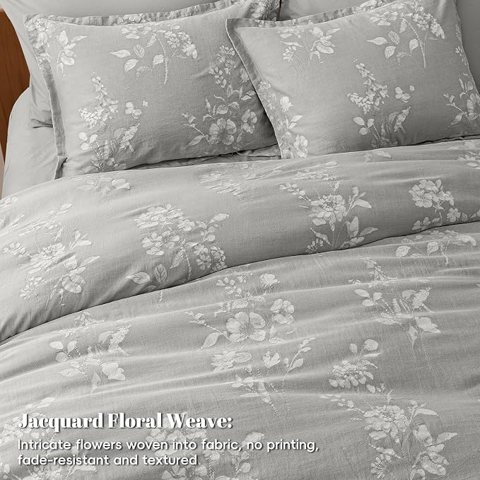 PHF Stone-Washed 100% Cotton Duvet Cover Set King Size, 104"x90", Oak | Elegant Floral Jacquard Woven, Ultra Soft Breathable All Season Bedding Set for Adults, 3pcs with 2 Pillow Shams, No Filling
