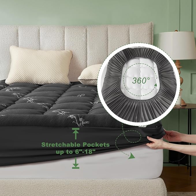 BEDLORE RV Queen Mattress Topper Viscose Bamboo, Pillow Top Mattress Pad | Stretchable Pockets Fit 6”-18” Mattress, Soft Breathable Thick Mattress Topper for Back Pain Relief & Hot Sleepers(Dark Gray)