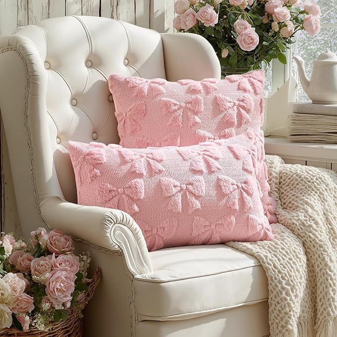 MIULEE Pink Bow Pillow Covers Coquette Room Decor 24x24 Euro | Aesthetic Decorative Cute Girl,Set of 2 Cushion Covers,Soft Plush Faux Pillowcases,Preppy Room Decor Bedroom Couch