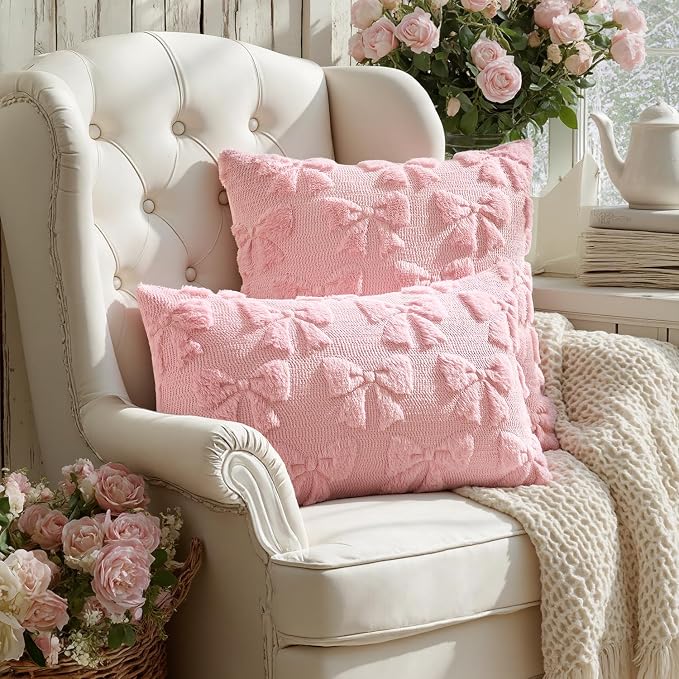 MIULEE Pink Bow Pillow Covers Coquette Room Decor 12x20 Lumbar | Aesthetic Decorative Cute Girl,Set of 2 Cushion Covers,Soft Plush Faux Pillowcases,Preppy Room Decor Bedroom Couch