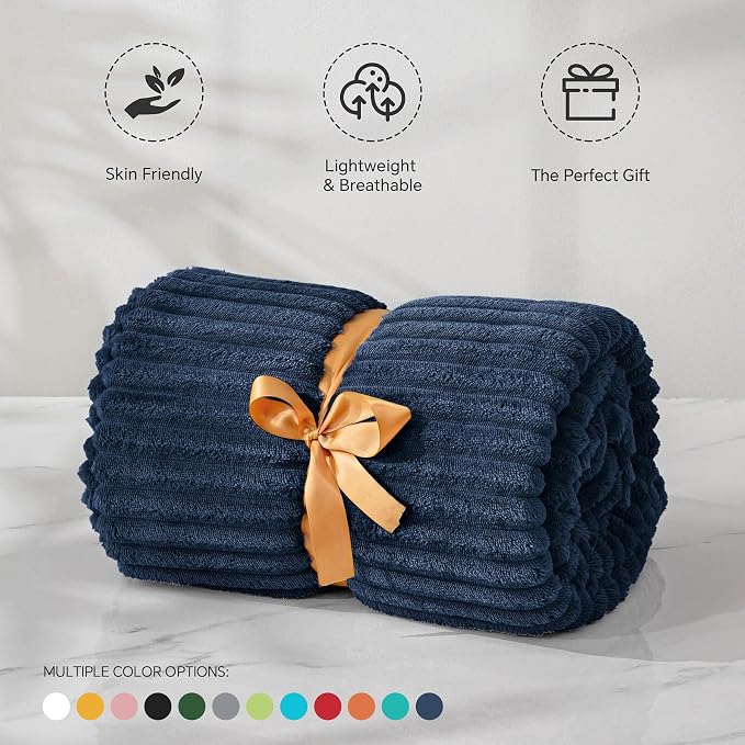 BEDELITE 3D Ribbed Jacquard Navy Fleece Twin Blanket for Couch, 60x80 Inch | Soft Warm Fluffy Blanket for Bed Sofa College Dorm Room Decor, Luxury Cozy Plush Birthday Gifts for Women Girls, Lightweight