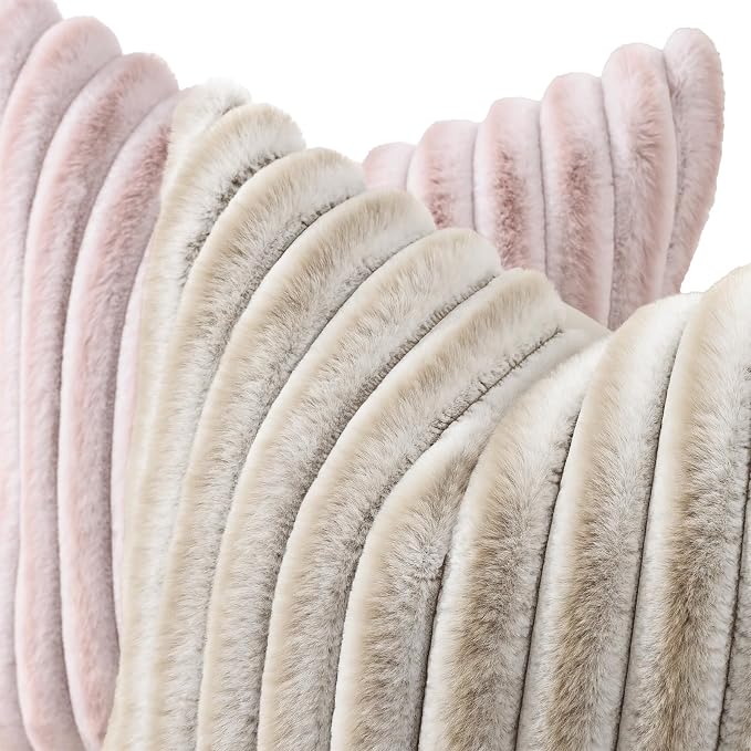 decorUhome Fall Faux Fur Throw Pillow Covers 26x26 Set of 2 Beige White | Decorative Soft Cozy Striped Plush Modern Farmhouse Boho Couch Pillow Cases Velvet Back for Sofa Bed Living Room Home Decor