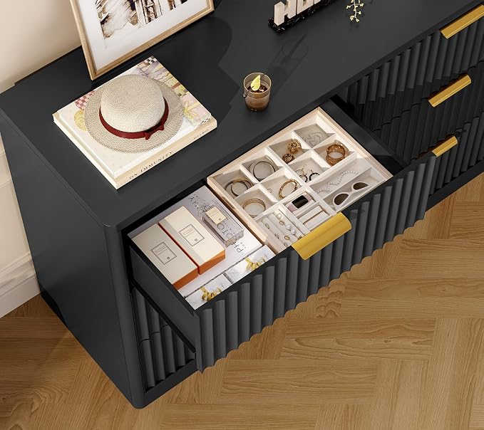 Fluted 6 Drawer Dresser for Bedroom, Wide Modern Chest of Drawers with Metal Handle, Curved Profile Design, Wood Closet Clothes Storage Organizer for Bedroom, Living Room, Hallway, Black
