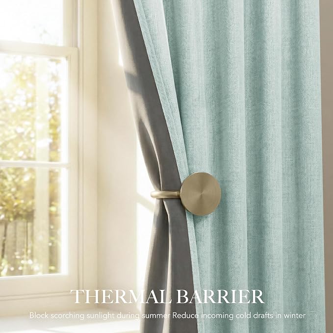 NICETOWN 100% Blackout Linen Curtains 95 inches Long 2 PCs, Seafoam Green | Cozy Bedroom Curtains for Studio Nap Time, Noise Reducing, Privacy Protection, Thermal Insulated, W52" x L95" per Panel