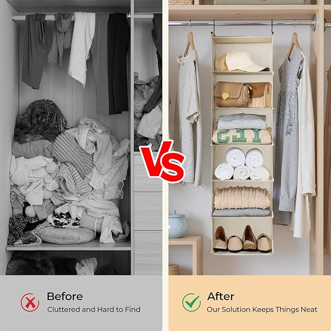 GRANNY SAYS 6-Shelf Hanging Closet Organizer, Foldable Storage, Beige | No-Sag Support, Keeps Clothes Neat, Folds Flat, Fits RV, Dorm & Small Closets