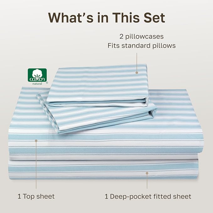 California Design Den Soft 100% Cotton Sateen Queen Sheet Set, 4 Pcs | 400 Thread Count Backed by Good Housekeeping Seal, 16" Deep Pocket, All-Around Elastic, Durable, Cape Stripe Blue Print