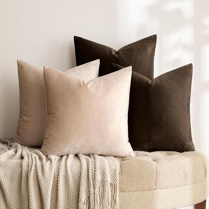 GIGIZAZA Pack of 4 Decorative Velvet Pillow Covers 16x16 Brown Beige | Throw Pillows for Couch Sofa,280gsm Soft Textured Fabric,Modern Accent Pillowcases,Luxury Living Room Cushion Covers