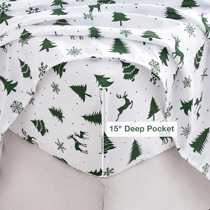 Softan Christmas Holiday Microfiber Twin Sheet Set with Non-Slip Straps | 15" Deep Pocket Fitted Bed Sheets, Printed Sheets, Green Reindeer Pattern, Single Sheets & Pillowcase Set for All Season