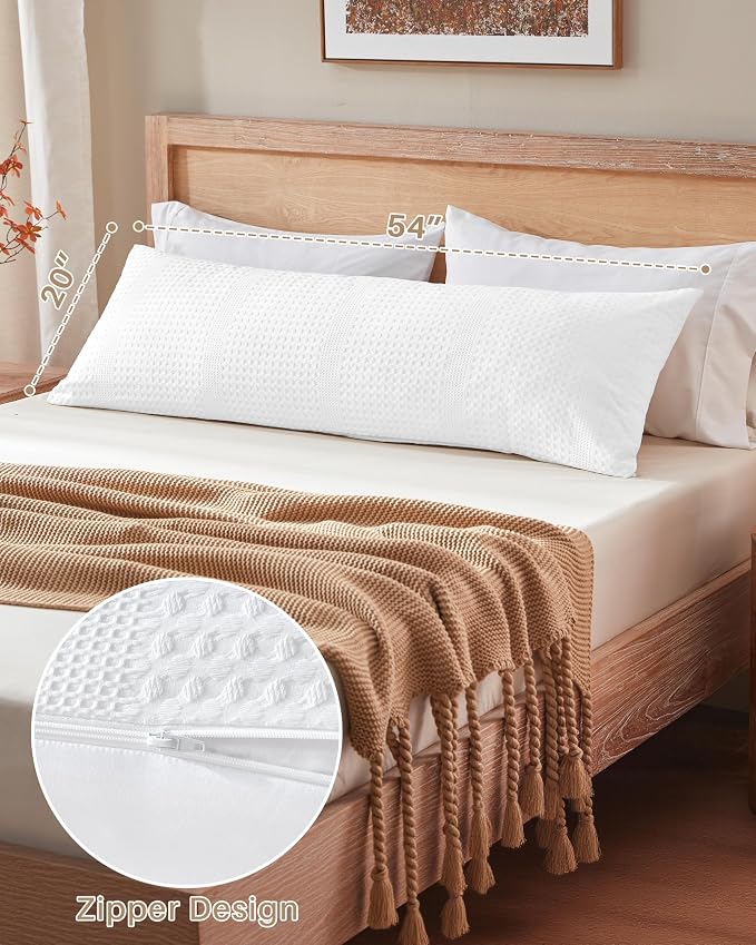 YZ HOME Waffle Weave Body Pillow for Adults, Memory Foam Insert | Long Pillow with Removable Pillowcase, Firm and Fluffy, Large Bed Pillows for Side Sleepers, Washable, 20x54 Inch, White