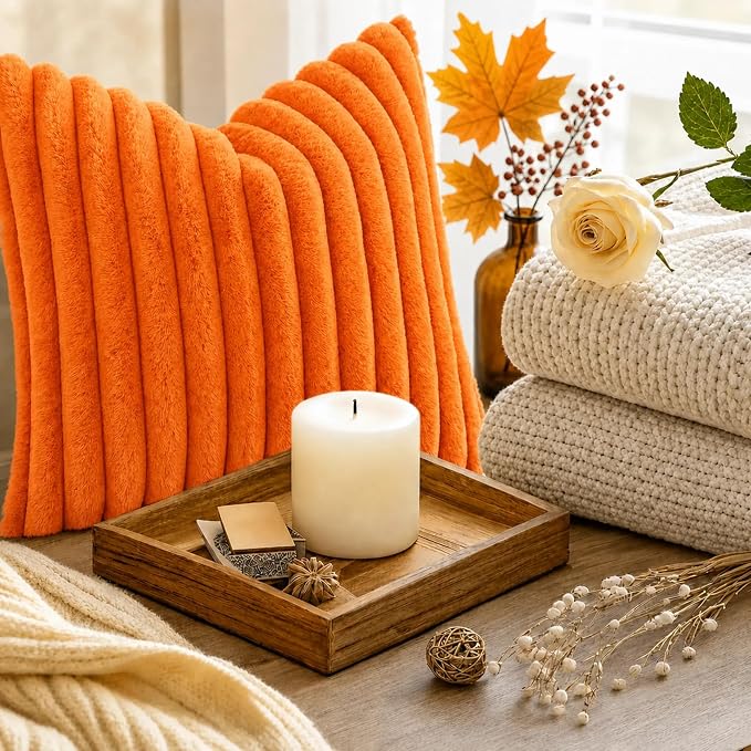 decorUhome Fall Faux Fur Throw Pillow Covers 12x20 Set of 2 Orange | Decorative Soft Cozy Striped Plush Modern Farmhouse Boho Couch Pillow Cases Velvet Back for Sofa Bed Living Room Home Decor