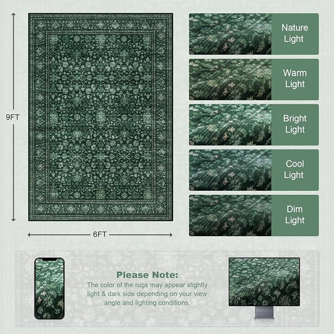 6x9 Area Rugs Living Room: Washable Rug for Bedroom Deep Green | Boho No Slip Stain Resistant Rug Soft Indoor Decor Floor Floral 6x9 Area Rugs for Dining Room, Nursery, Hallway, Home Office