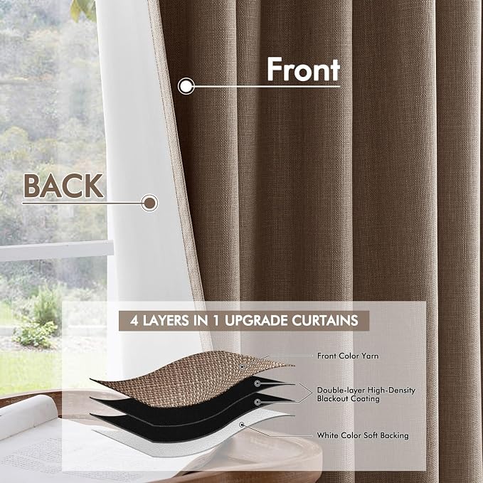 MIULEE 100% Blackout Back Tab Pleat Linen Curtains 50" Wx120 L,Dutch Cocoa | 2 Panels,Thick Faux Linen,Textured Drapes,with Hooks,for Bedroom Living Room,Black Out,Room Darkening