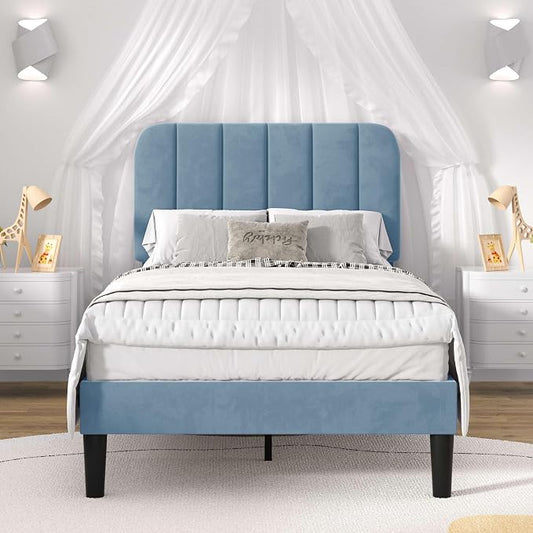 VECELO Twin Size Bed Frame with Upholstered Headboard, Velvet Platform Bedframe Mattress Foundation, Strong Wood Slat Support, No Box Spring Needed,Sky Blue