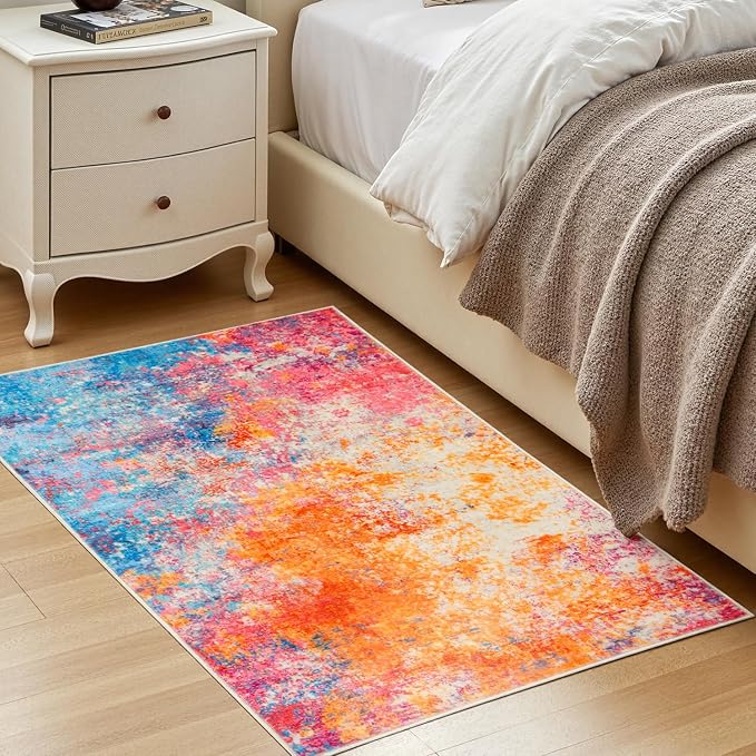 Rugflix 3x5 Entrance Rugs, Washable Colorful Rainbow Entry Small Rug | Machine Washable; Stain-Resistant; Low Pile; Non-Slip; Modern Abstract; Carpet for Entryway Kitchen Hallway Home