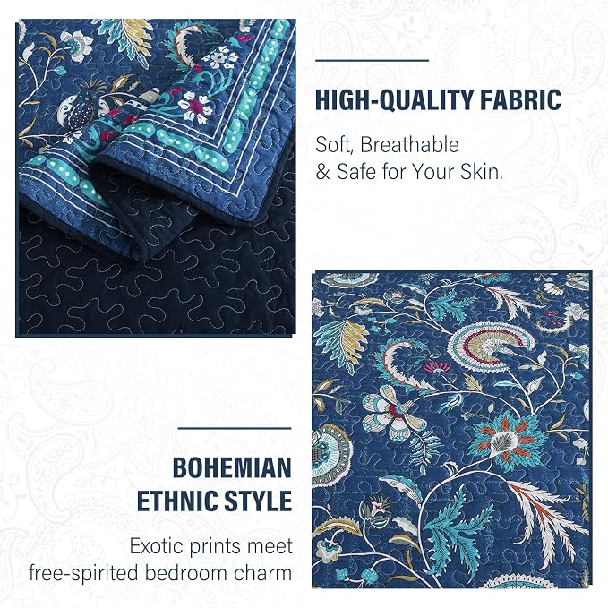 Quilt Set King Size, Bedspread Sets Blue Botanical Floral Patterns, Reversible Quilt Bedding Set Lightweight and Breathable for All Seasons, Soft Quilted Bedspread with 2 Pillow Shams