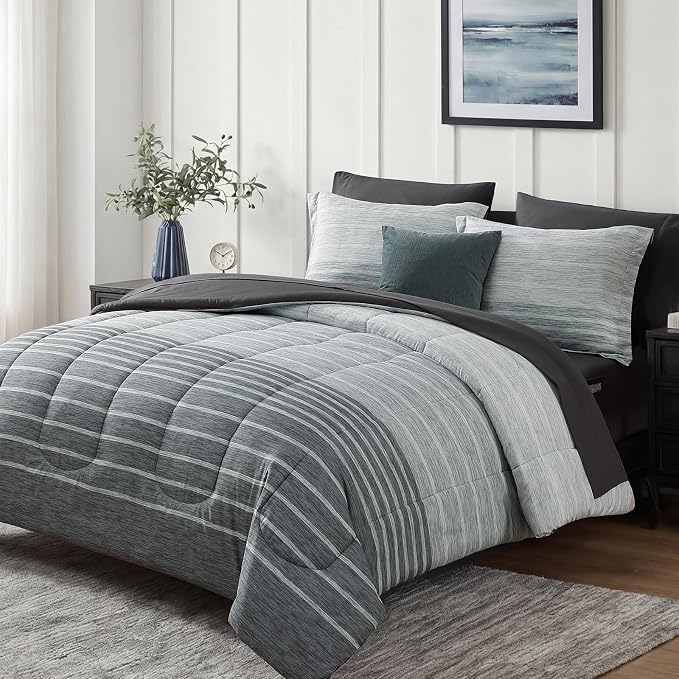 Monbix Queen Comforter Set-7 Pieces Striped Bed in a Bag Queen Bedding Sets | All Season Grey Reversible Soft Comforter Bed Set with Sheets, Pillowcases & Shams