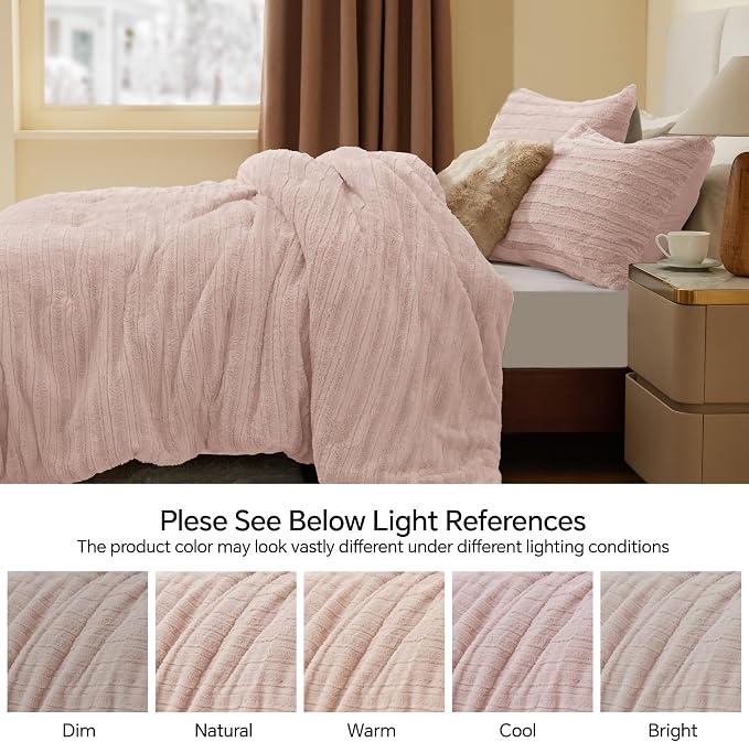 BEDELITE Faux Fur King Size Comforter Set, Fluffy Bed Set, Pink | Super Soft & Warm, Luxury Fuzzy Cozy Comforter for Winter, Heavy Plush Bed set, with 2 Pillowcases