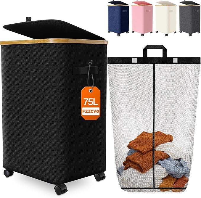 Laundry Hamper with Wheels, 75L Rolling Laundry Basket, Removable Inner Bag | Clothes Hampers for Laundry, Collapsible Dirty Clothes Hamper for Dorm, Bedroom, Bathroom, Laundry Room