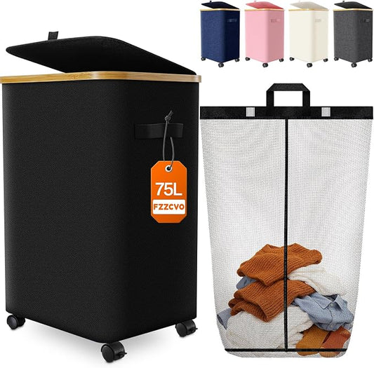 Laundry Hamper with Wheels, 75L Rolling Laundry Basket, Removable Inner Bag | Clothes Hampers for Laundry, Collapsible Dirty Clothes Hamper for Dorm, Bedroom, Bathroom, Laundry Room