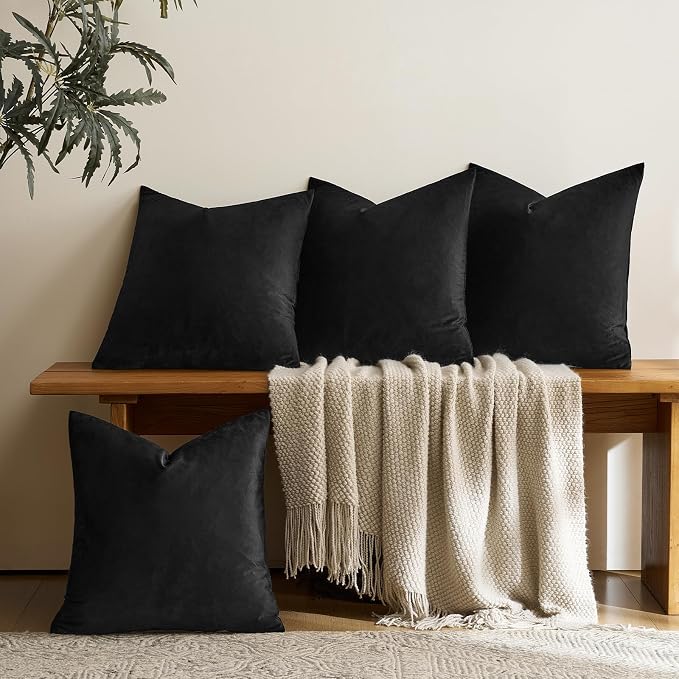 GIGIZAZA Pack of 4 Black Decorative Velvet Pillow Covers 20x20 | Throw Pillows for Couch Sofa,280gsm Soft Textured Fabric,Modern Accent Pillowcases,Luxury Living Room Cushion Covers